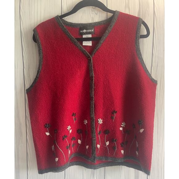 Vintage 90's Sag Harbor Sweater Vest Women L Wool Mohair Blend Red  Floral - Picture 1 of 6